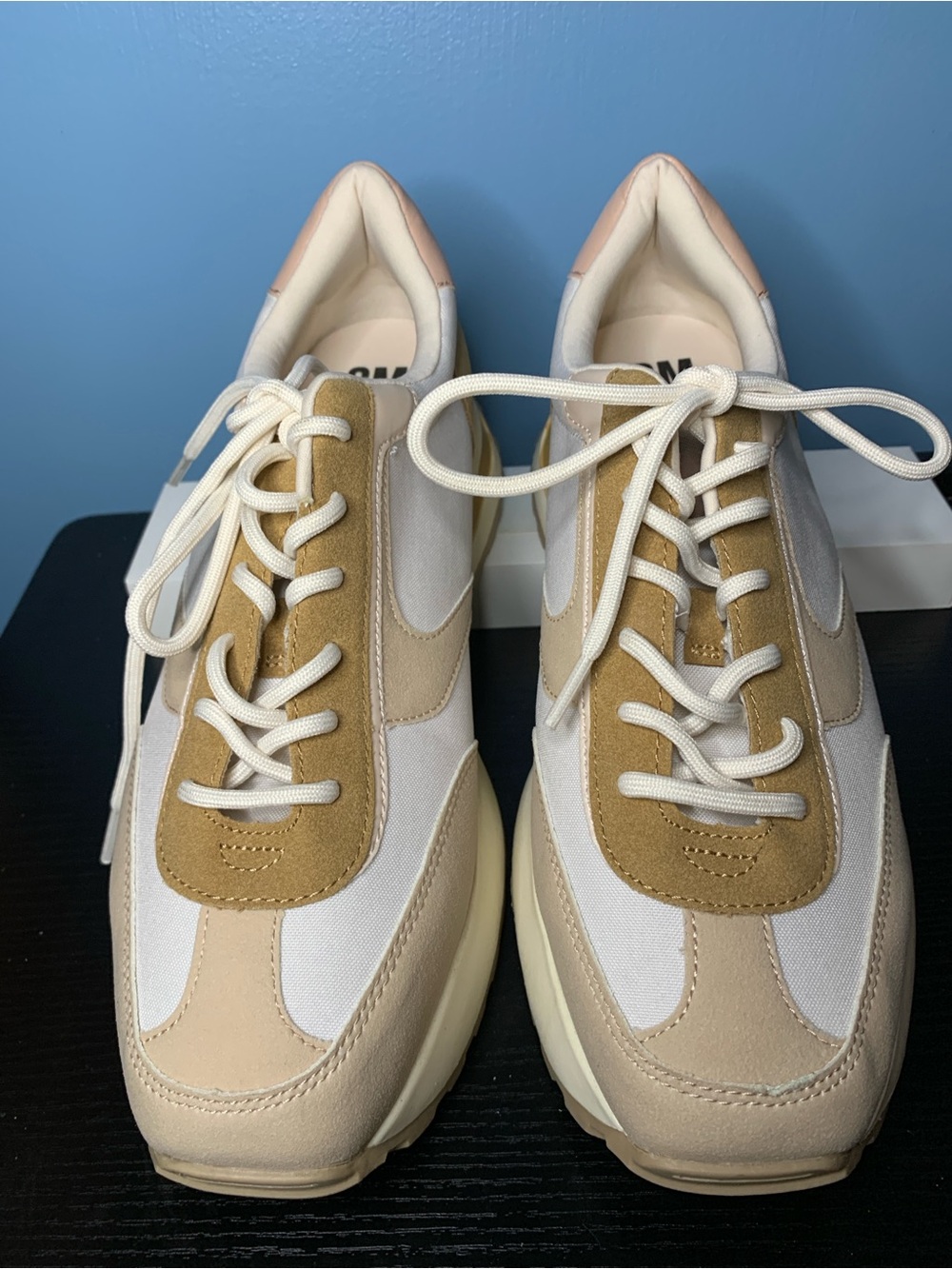 SM New York Women's Platform Sneakers in White, Cream & Tan